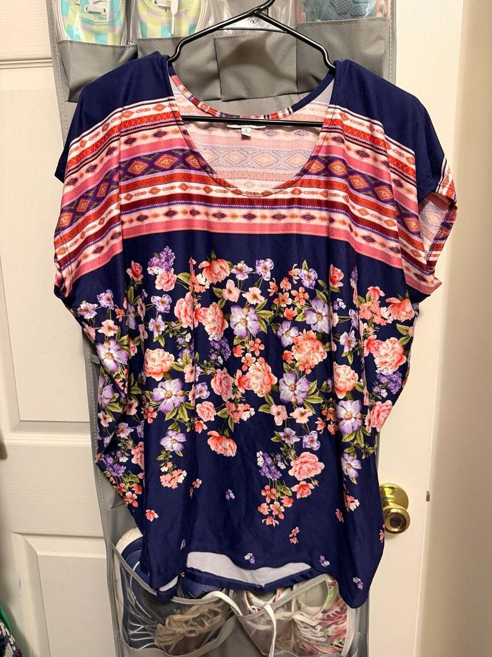 White Birch Floral and Aztec Print Short Sleeve Blouse Top Navy Size S